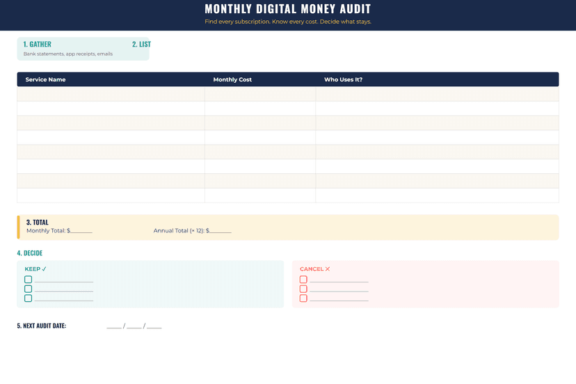 Digital Money Audit worksheet